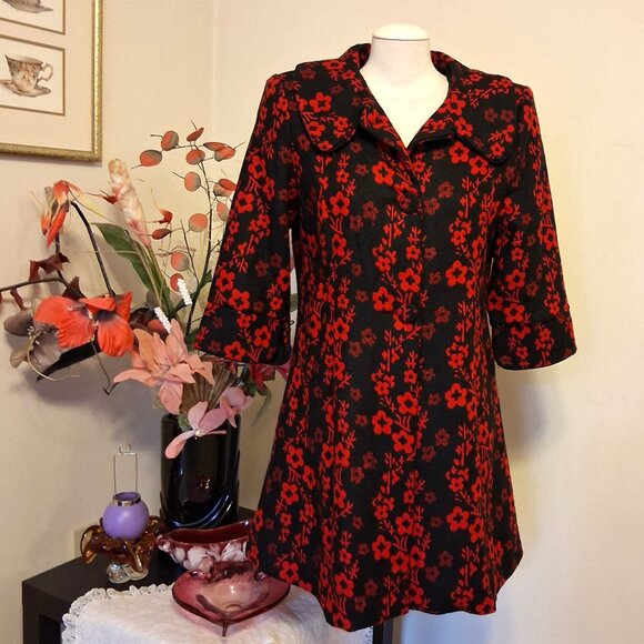 NEW Women’s Elegant Pea Coat Red Black Floral Lined Trench Coat ¾ Sleeve 12 L - Picture 2 of 10